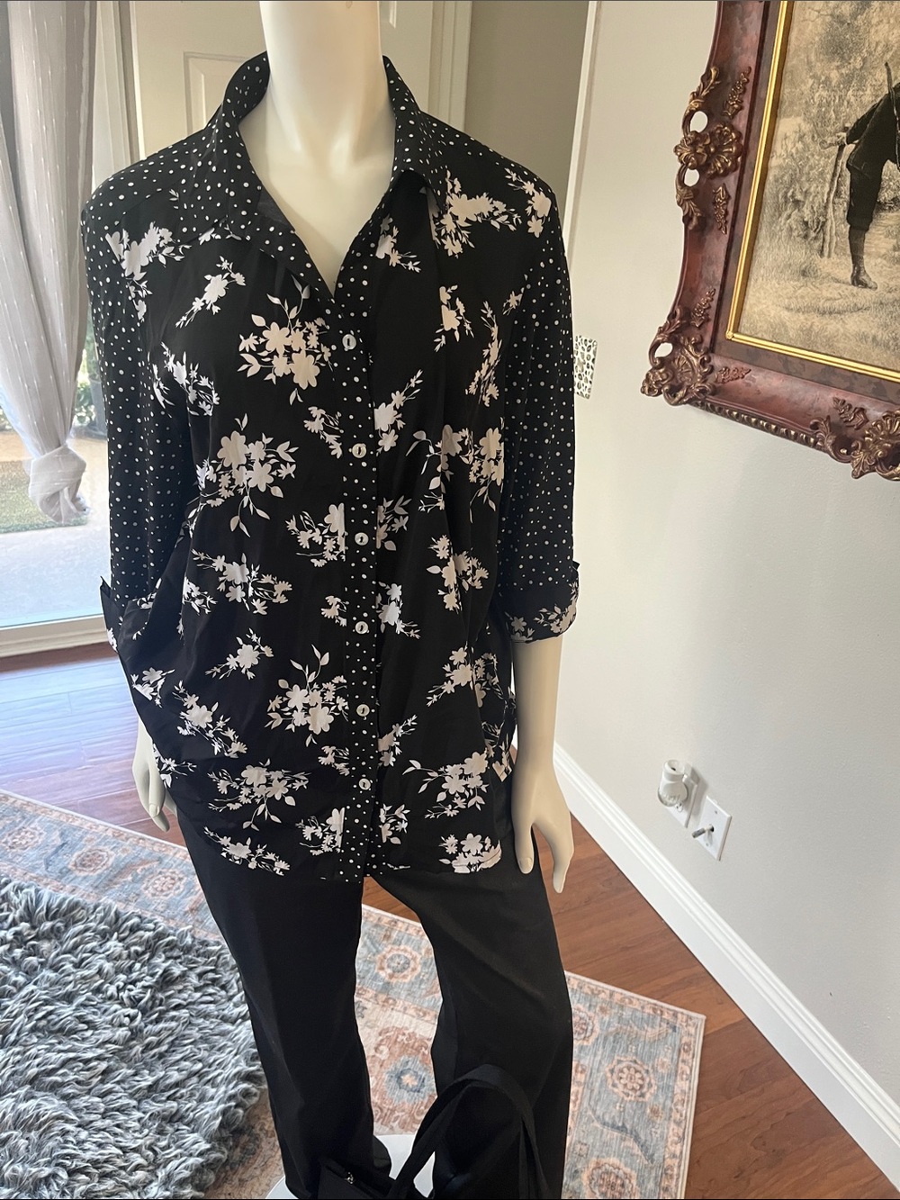 Chico's Black and White Floral Button-Down Shirt